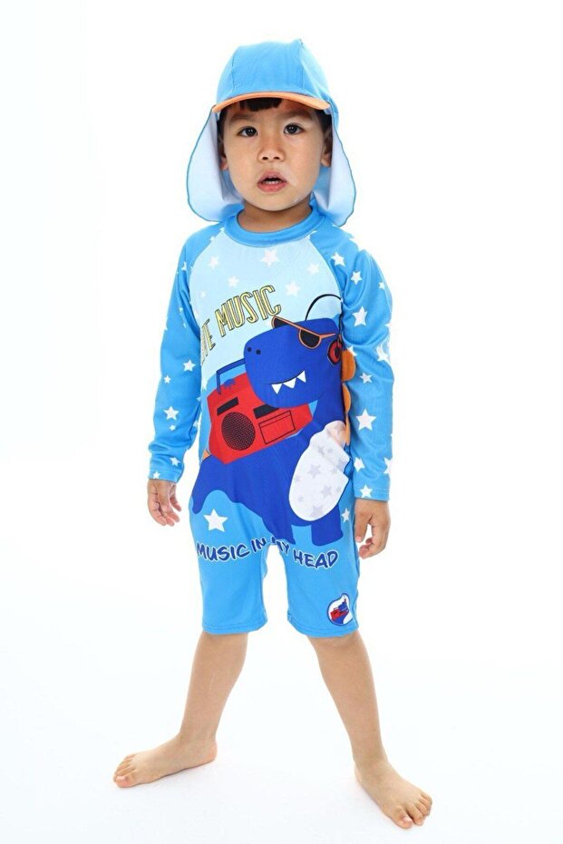 Boy's hat zipper long-sleeved knee-high sun protection two-piece swimsuit