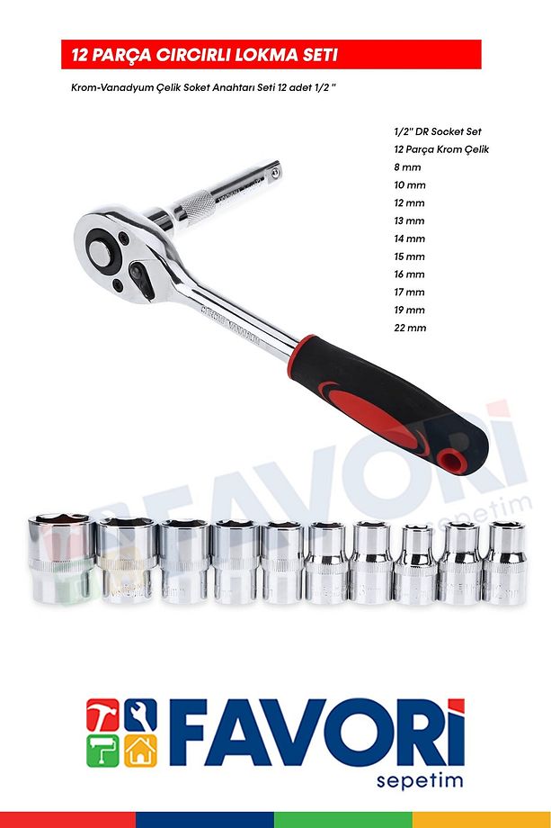 Premium 1/2 Profesyonel 12 Parça Krom Vanadyum Çelik Standlı Cırcır Set Kaliteli Lokma Takımı - 3