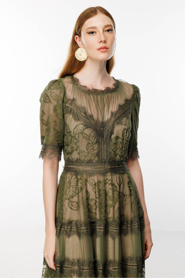 Dantel Detay Yeşil Elbise - 4