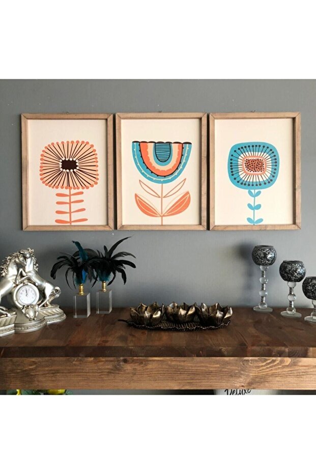 Wooden Framed 3-Piece Bohemian Flower Set Qmrc
