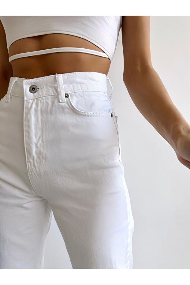 Dámské bílé Palazzo Jean High Waist White Loose Jean 100% přírodní bavlna - 3