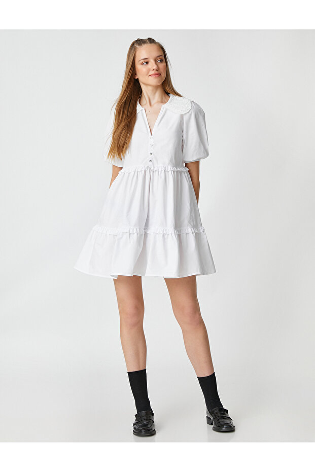 Mini Poplin Shirt Dress with Balloon Sleeves, Baby Collar, Buttons