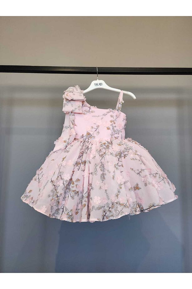 ÜÇ BOYUTLU ÇİÇEKLİ DESENLİ TEK OMUZ PEMBE ELBİSE - 1