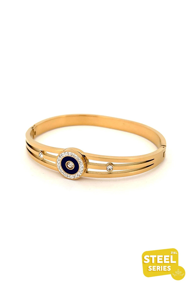 Gold Zircon Blue Hudson Steel Handcuff Bracelet