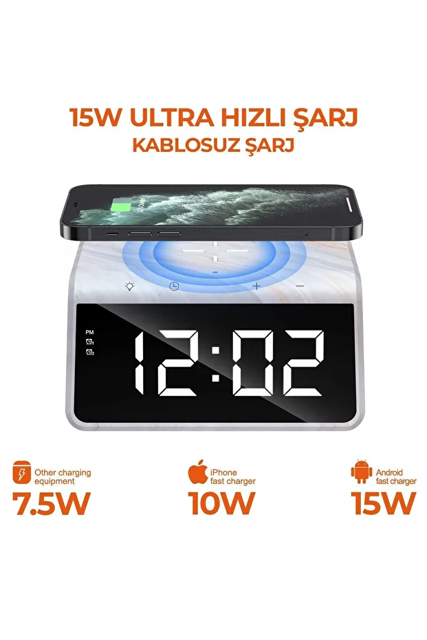 W320 Hızlı Wireless Şarj, Saat Ve Gece Lambası (fast 15w) - Mermer Desenli - 2
