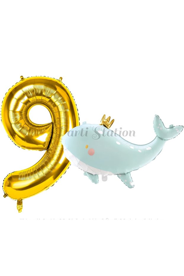 Cute Green Whale 9th Birthday Balloon Set, Sea and Ocean Creatures Theme Balloons and Gold Number Balloons