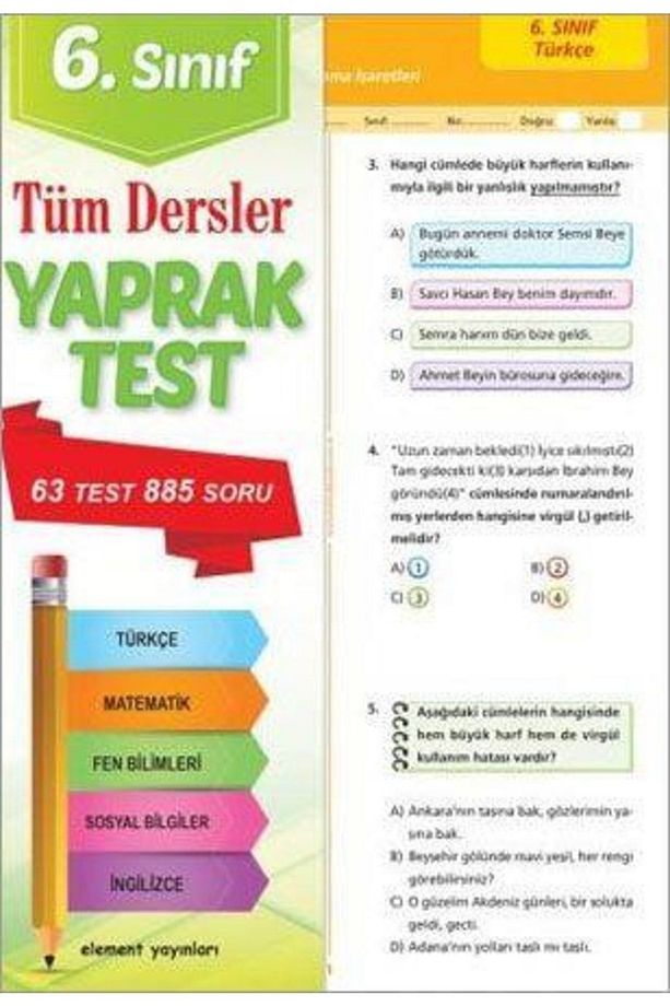 6. Sınıf Tüm Dersler Yaprak Test; 63 Test - 885 Soru - 1
