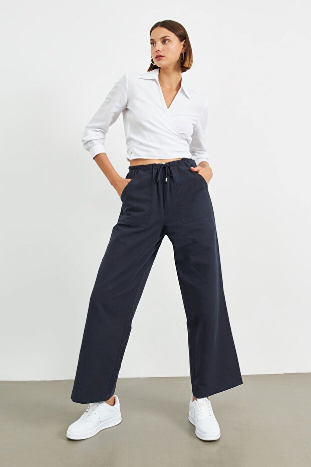 Μπλε Navy ελαστικό λινό μέσης Basic παντελόνι - 1