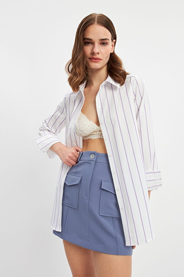 Lila Çizgili Basic Gömlek - 4