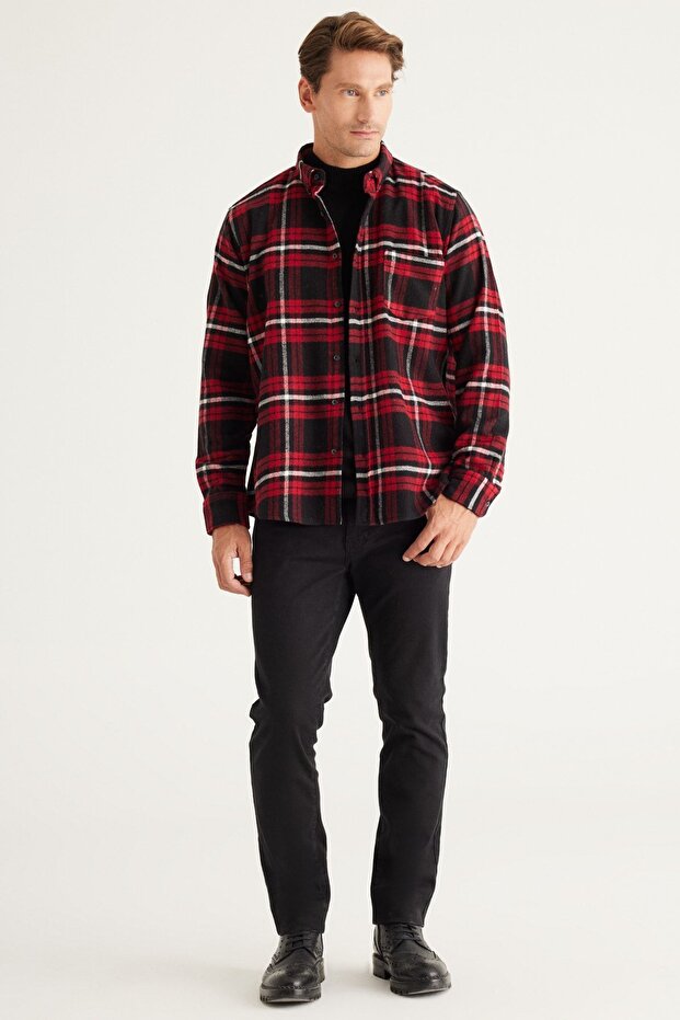 Erkek Bordo-siyah Comfort Fit Rahat Kesim Düğmeli Yaka Ekose Desenli Flanel Gömlek - 2