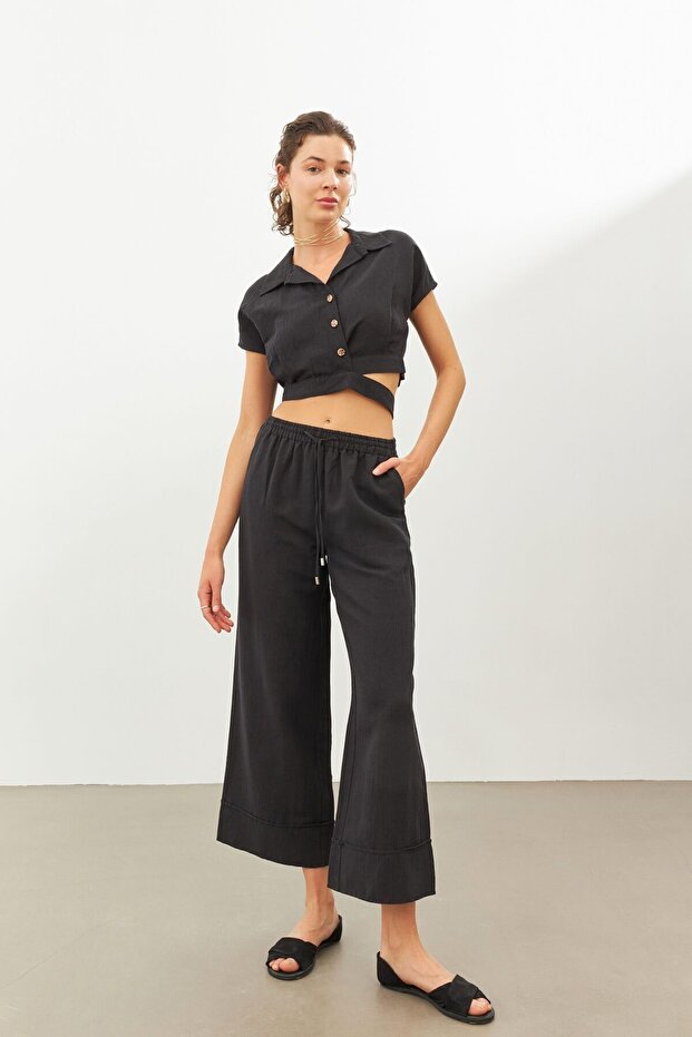 Black Linen High Waist Trousers with Elastic Waist
