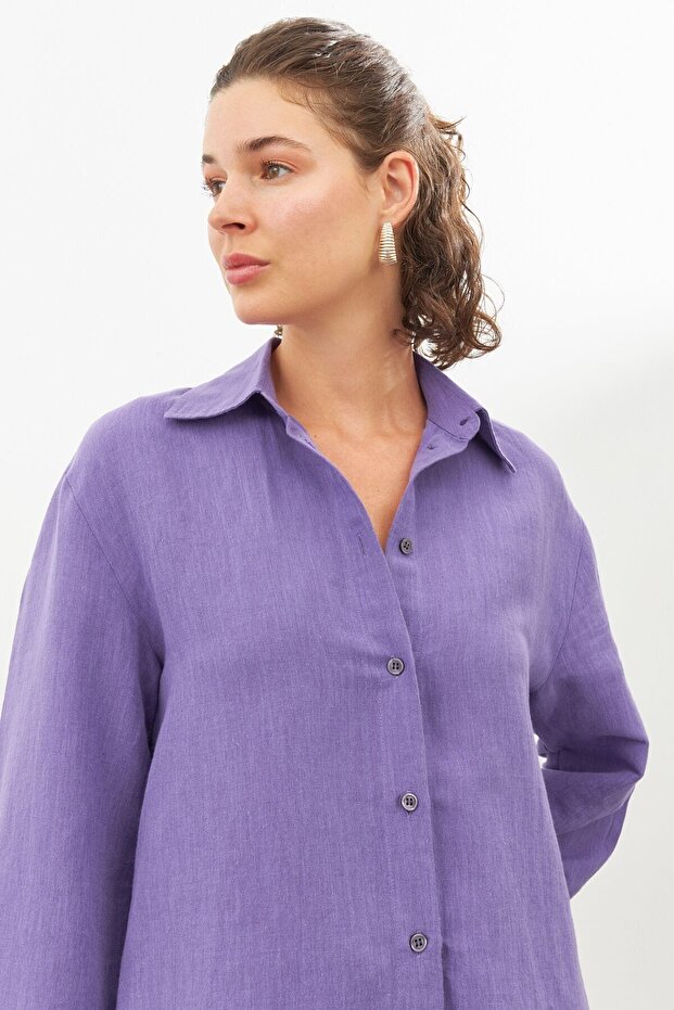 Mor Keten Oversize Gömlek - 3