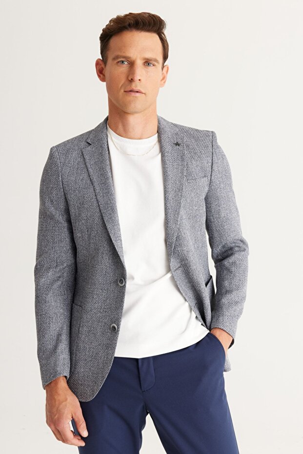 Erkek Antrasit Slim Fit Dar Kesim Mono Yaka Desenli Blazer Ceket - 5