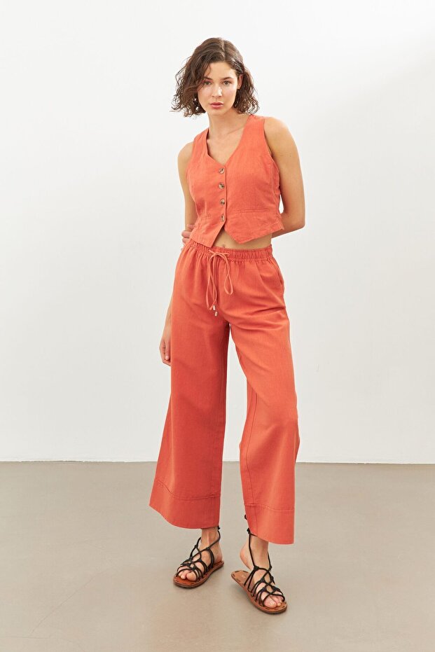 Tile Linen High Waist Pants with Elastic Waistband