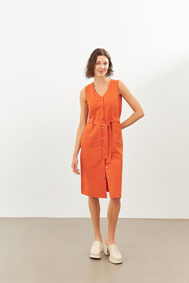 Tile Linen V-neck Belted Sleeveless Midi Dress