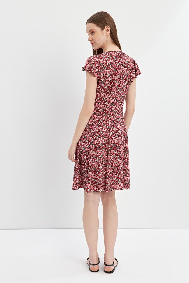 Kırmızı Volanlı Kuplu V Yaka Midi Elbise - 8