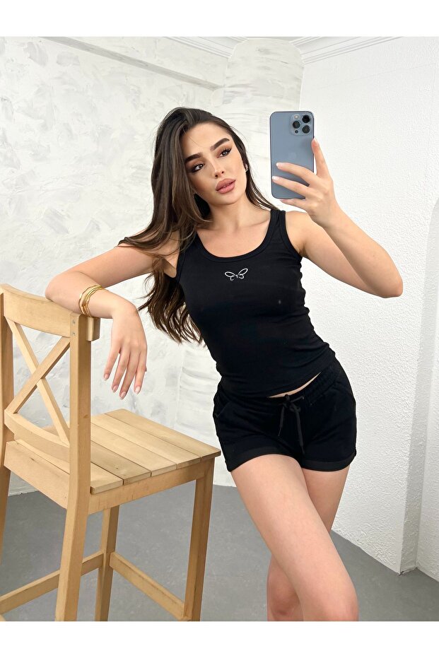 Women's Black Butterfly Embroidered Tank Top Body