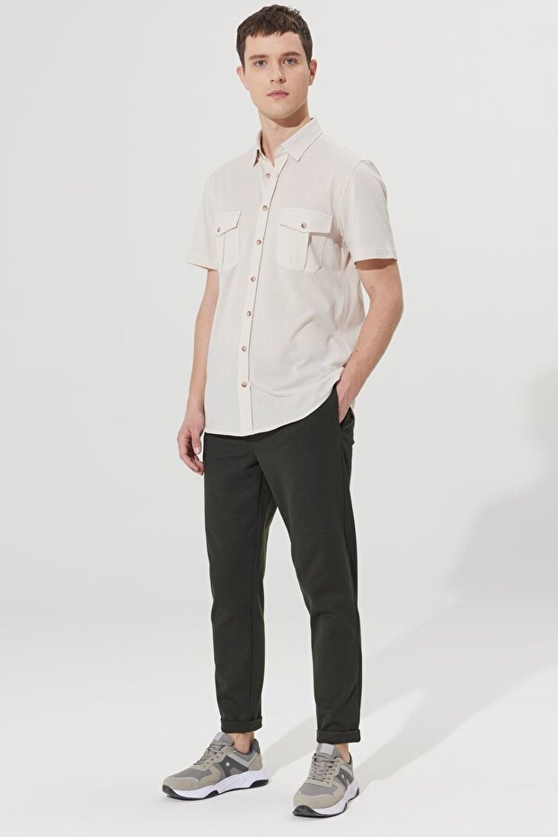 Erkek Bej Slim Fit Dar Kesim Gizli Düğme Yaka Pamuklu Kısa Kollu Gömlek - 5
