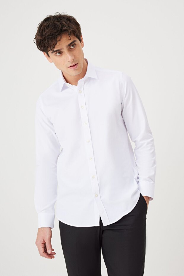 Men's White Slim Fit Narrow Cut Classic Collar Cotton Dobby Shirt