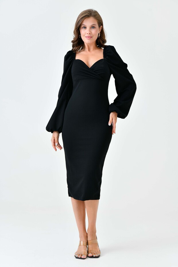 Women's Black Crepe Fabric Double Breasted Neckline and Slit Detailed Midi Evening Dress 581915