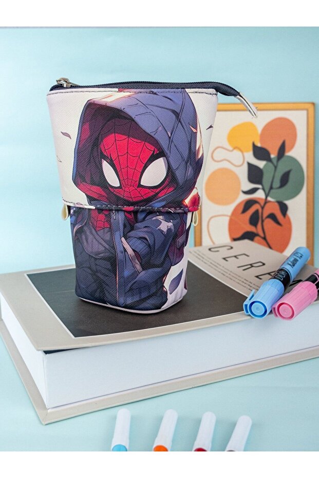Telescopic spiderman themed vegan leather pencil case (pen holder and makeup bag)