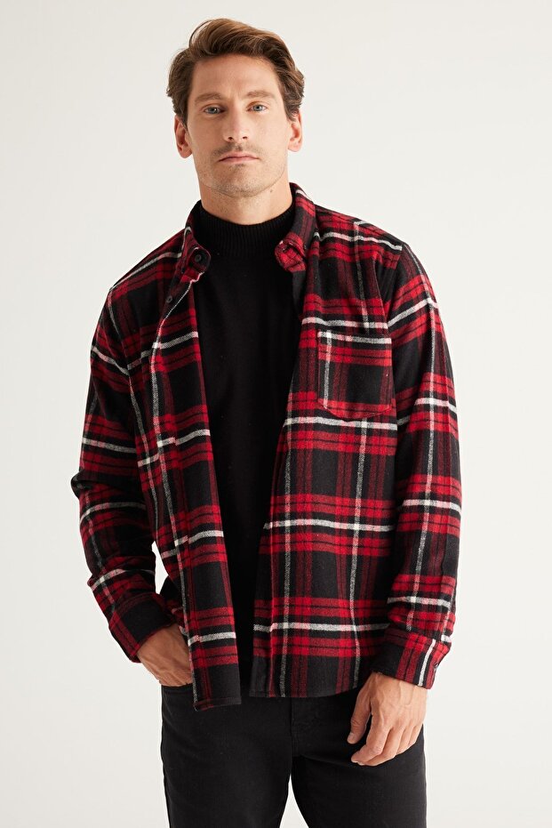 Erkek Bordo-siyah Comfort Fit Rahat Kesim Düğmeli Yaka Ekose Desenli Flanel Gömlek - 1