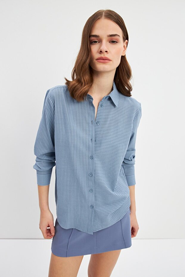 Mavi Çizgili Basic Gömlek - 4