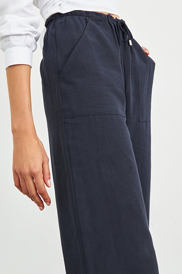 Μπλε Navy ελαστικό λινό μέσης Basic παντελόνι - 3