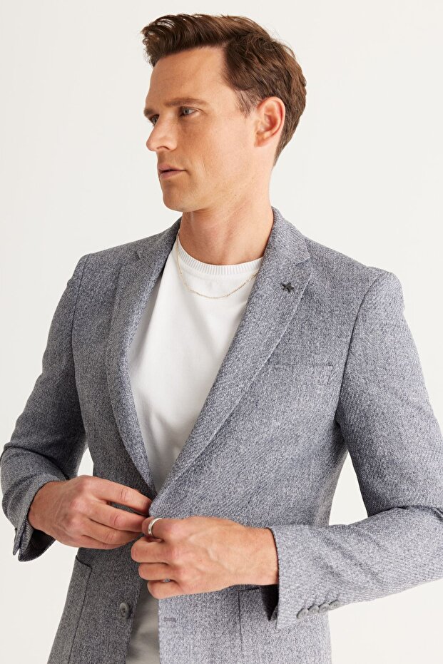 Erkek Antrasit Slim Fit Dar Kesim Mono Yaka Desenli Blazer Ceket - 4