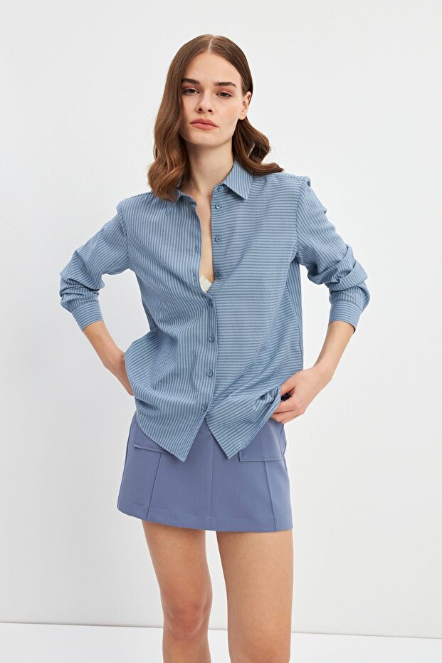 Mavi Çizgili Basic Gömlek - 1