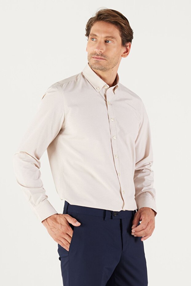 Men's Beige Slim Fit Narrow Cut Oxford Button Collar Gingham Cotton Shirt