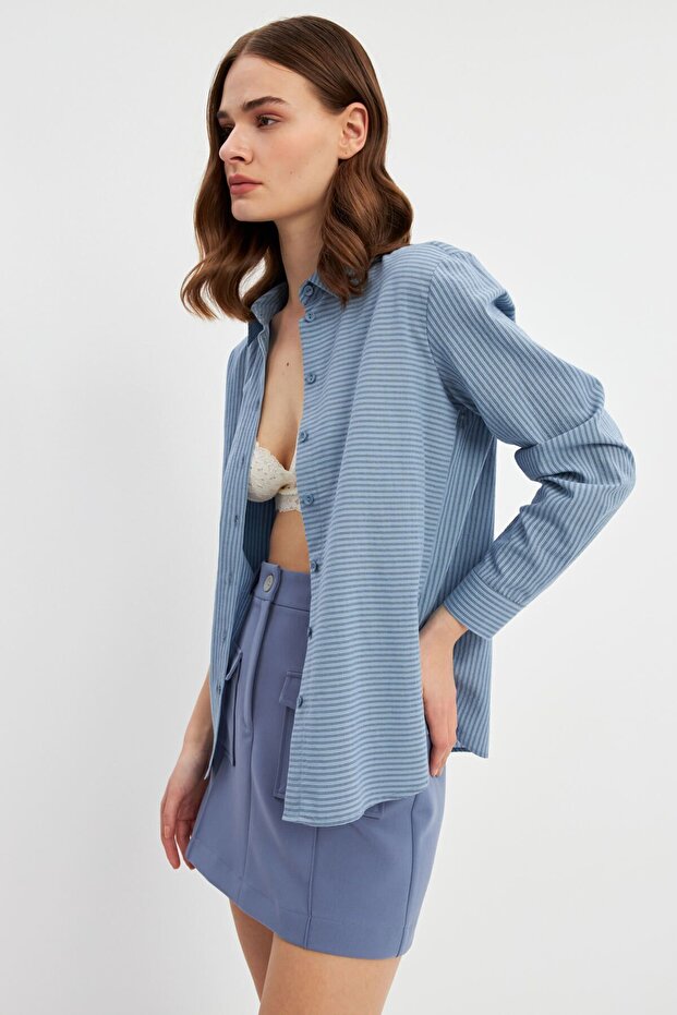 Mavi Çizgili Basic Gömlek - 7