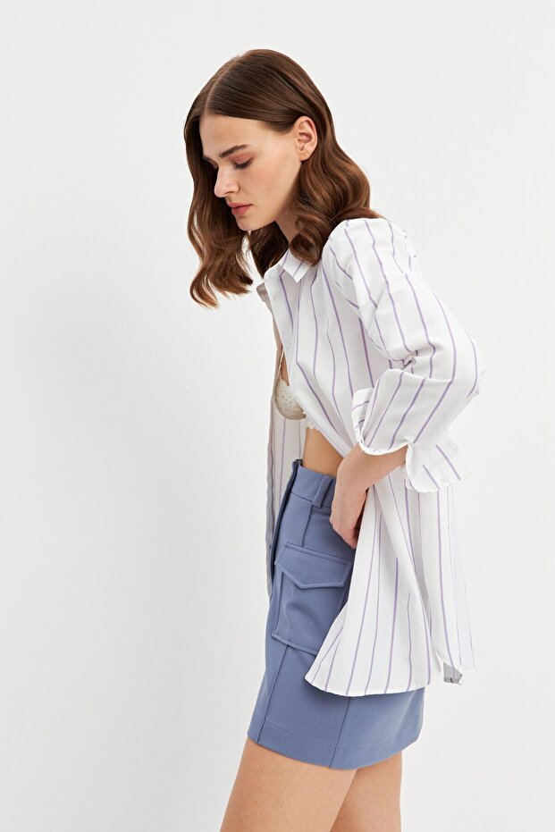 Lila Çizgili Basic Gömlek - 6