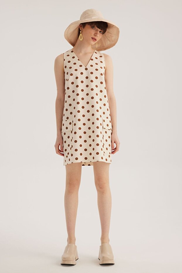 Ecru Polka Dot V-Neck Mini Dress