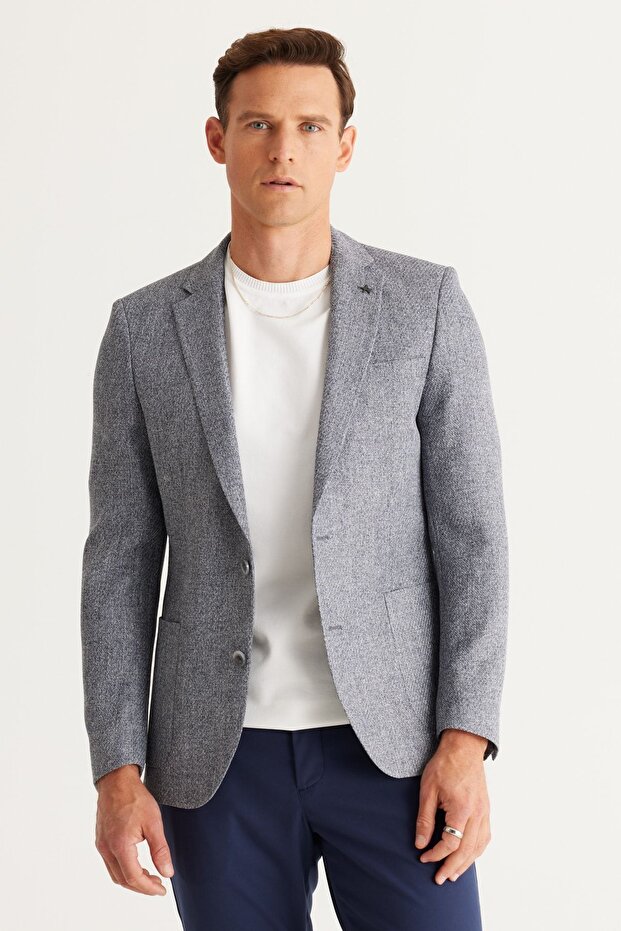Erkek Antrasit Slim Fit Dar Kesim Mono Yaka Desenli Blazer Ceket - 1