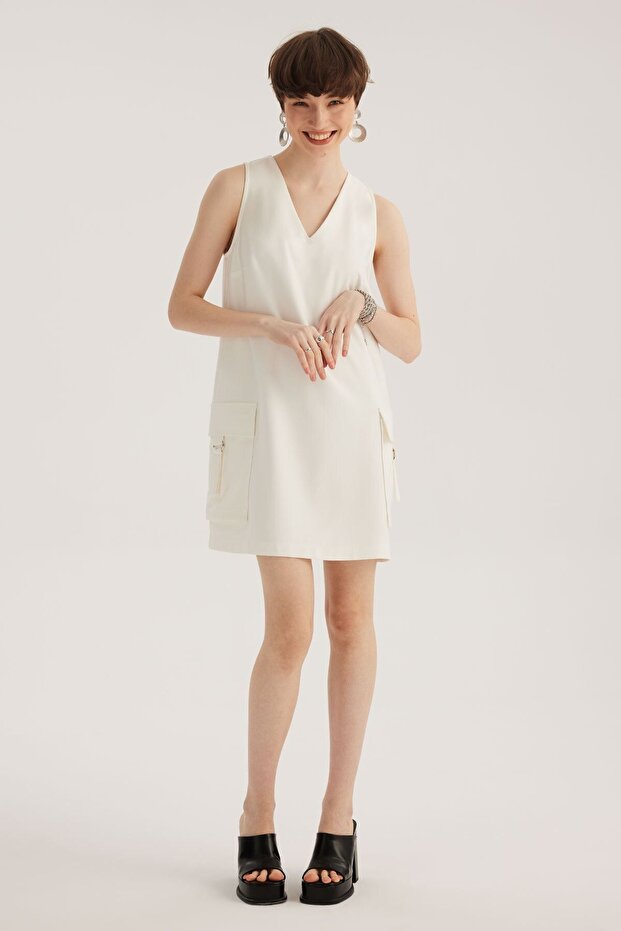 White V-Neck Pocket Mini Dress