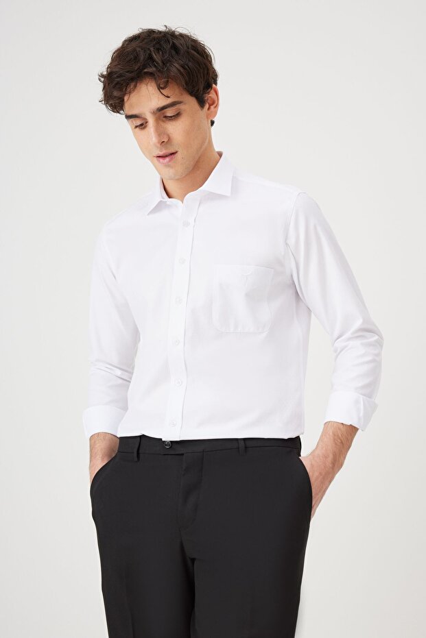 Men's White Slim Fit Narrow Cut Classic Collar Cotton Dobby Shirt