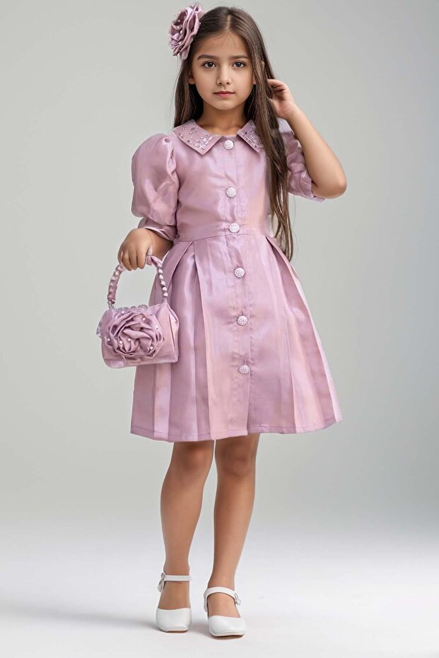 Shiny Satin Fabric - Stone Detailed Collar and Neck Buttoned Girl's Powder Dress