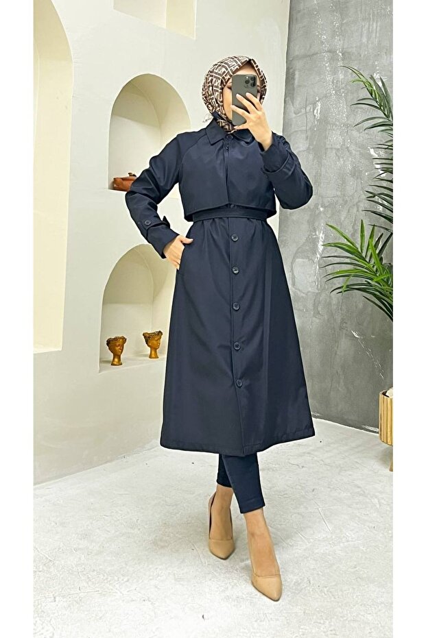 Navy Blue Lined and Button Detailed Women's Trench Coat