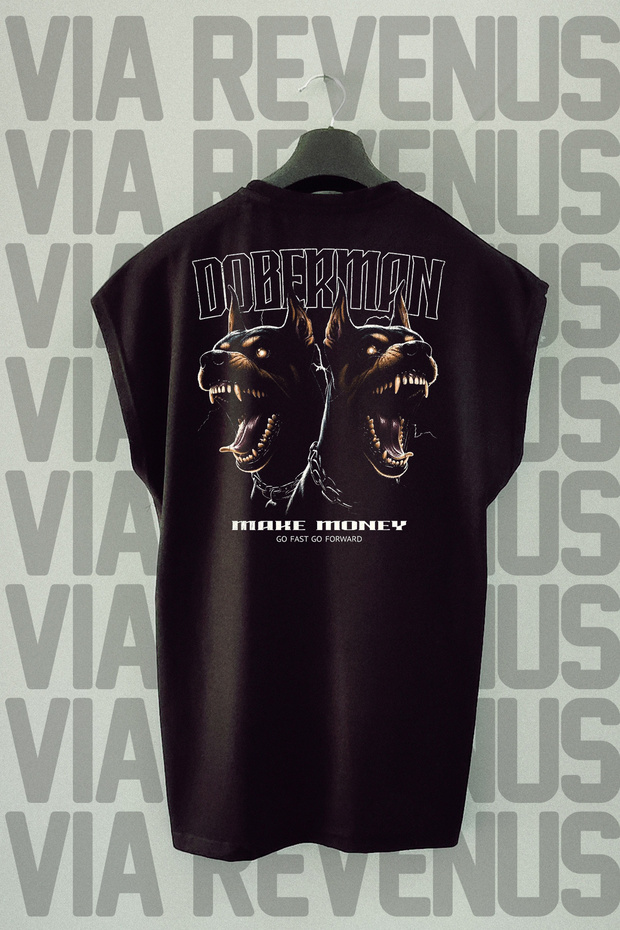 Doberman Make Money Printed Zero Sleeve Black Sports Tshirt