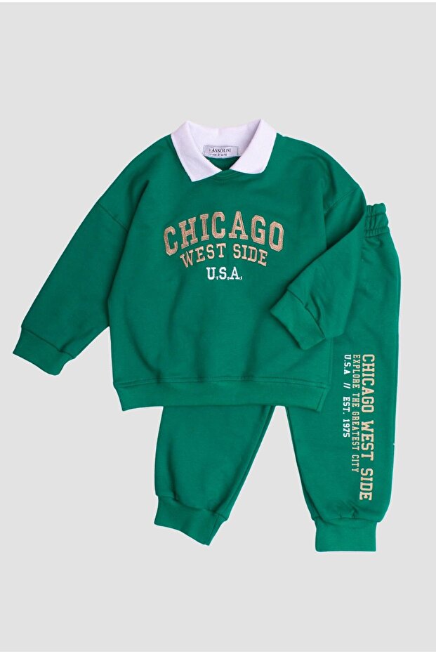 Lapel Detailed Text Printed Tracksuit Set