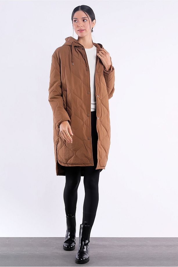 Çıtçıtlı Kapüşonlu Kapitone Uzun Bronz Mont - 1
