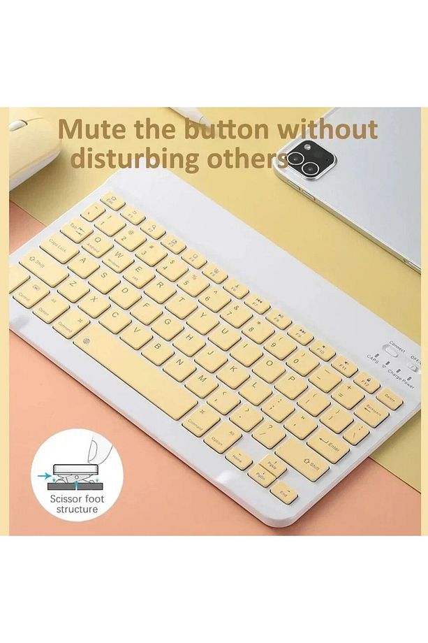 Samsung Galaxy Tab S7 FE 12.4'' SM-T733 Uyumlu Klavye Mouse Set Kablosuz Bluetoothlu Set Sarı - 3