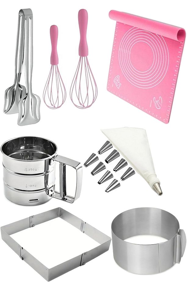 8 Parça Pasta Seti, Ayarlanabilir Pandispanya Yuvarlak Ve Kare Kalıp Çırpıcı Seti Krema Torbası - 1