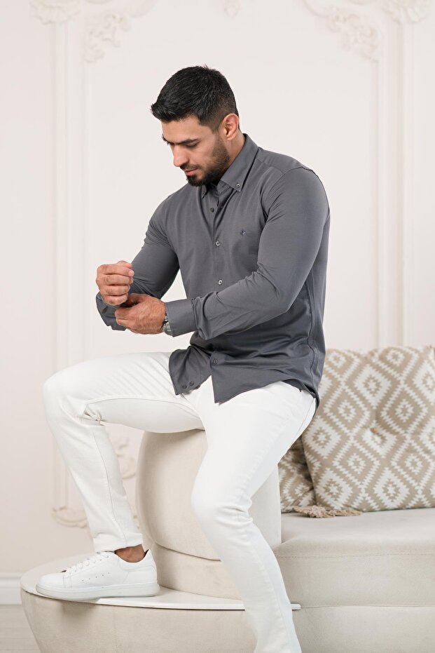 Slimfit ليكرا طوق قميص قطني صيفي بأكمام طويلة للرجال