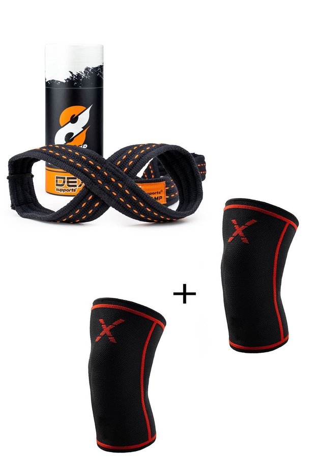 Sports Knee Brace Knee Sleeve + 8 Loop Lifting Straps Weightlifting Strap Set of 2