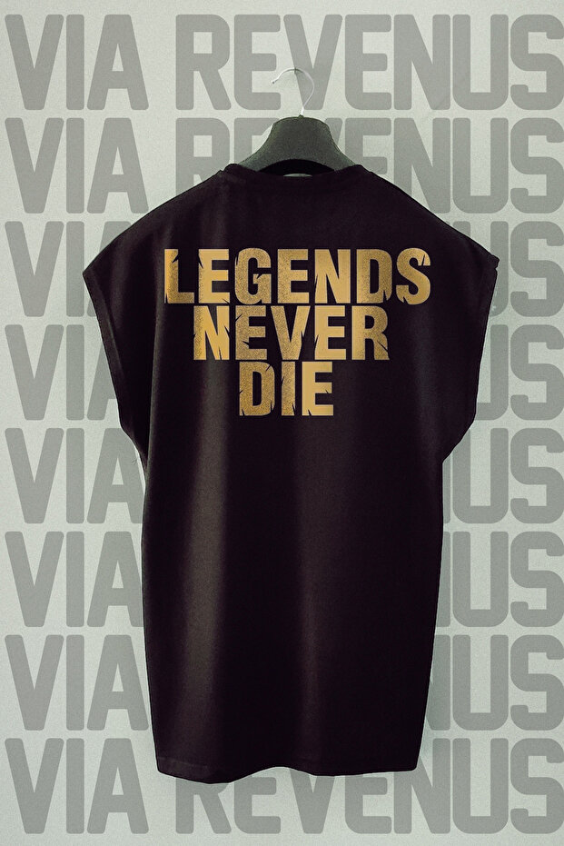 تيشيرت رياضي أسود بأكمام قصيرة مطبوع عليه "Legends Never Die"