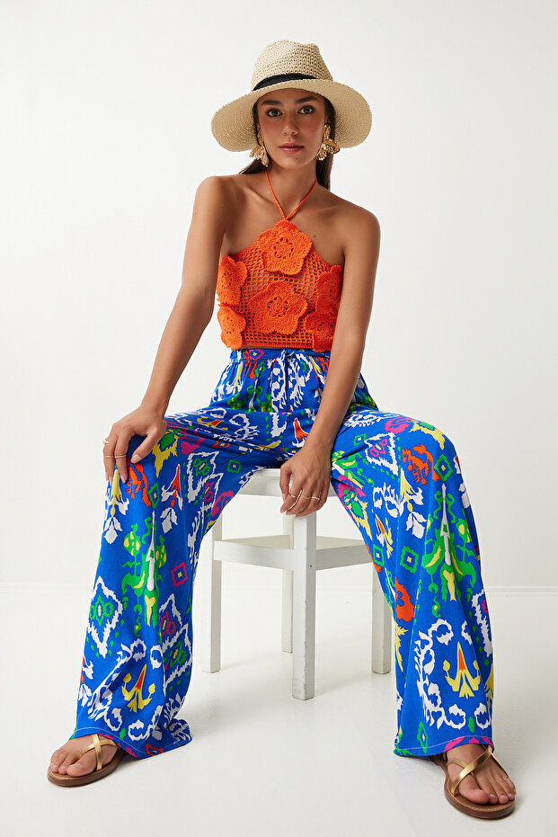 Women's Vibrant Blue Patterned Flowy Viscose Palazzo Pants En00606
