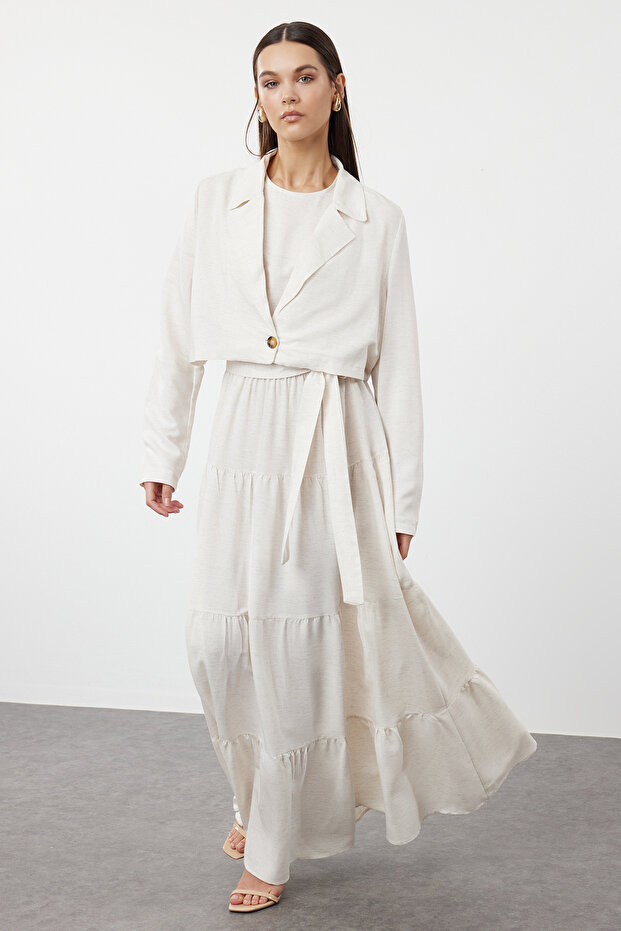 Beige Belted Dress Crop Jacket Woven Top and Bottom Set Tctss24Us00082