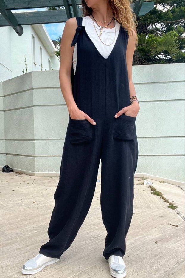 Women's Black Muslin Strap Pocket Low Net Wide Leg Loose Jumpsuit BST700-3613